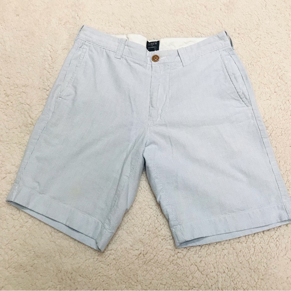 J. Crew Gramercy Seersucker Shorts , 9 inch inseam, blue and white, 4 pockets